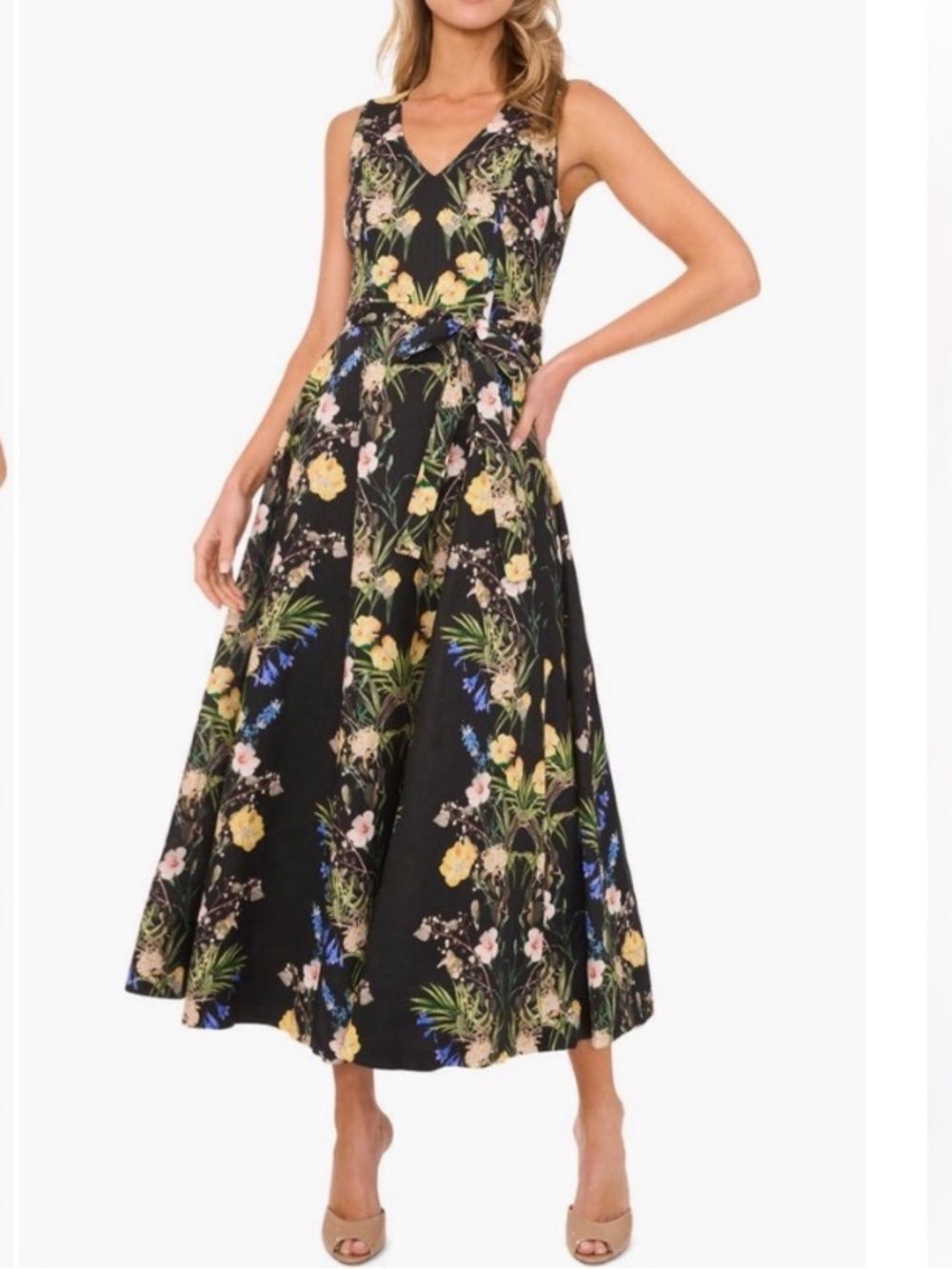 TED BAKER Dress NEW 100% Linen Sleeveless Floral Midi Rich Black TB Size 0 US 2